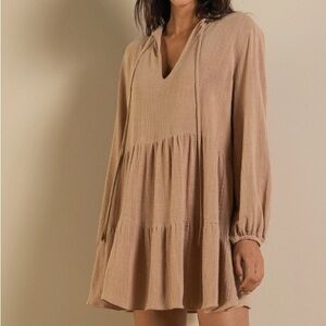Beige Long Sleeve Tiered Dress by Fate
